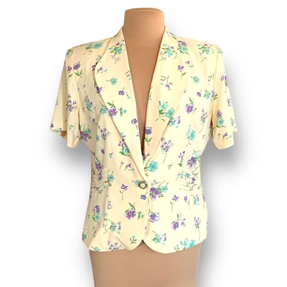 Vintage Blazer Pastel Butter Yellow Floral Detail Short Sleeve Structured Jacket - Picture 12 of 12